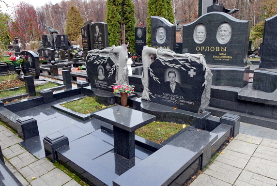 Украшенные согнутыми древесными стволами два гранитных надгробья